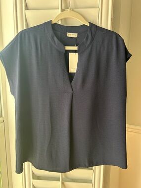 Petite Assembly Navy Split-Neck Cap Sleeve Blouse